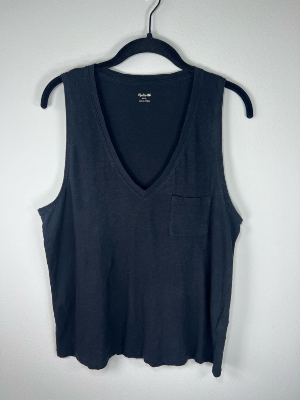 Madewell Whisper Cotton V-Neck Pocket Tank Top Shirt Black Basic Slub FLAW Large